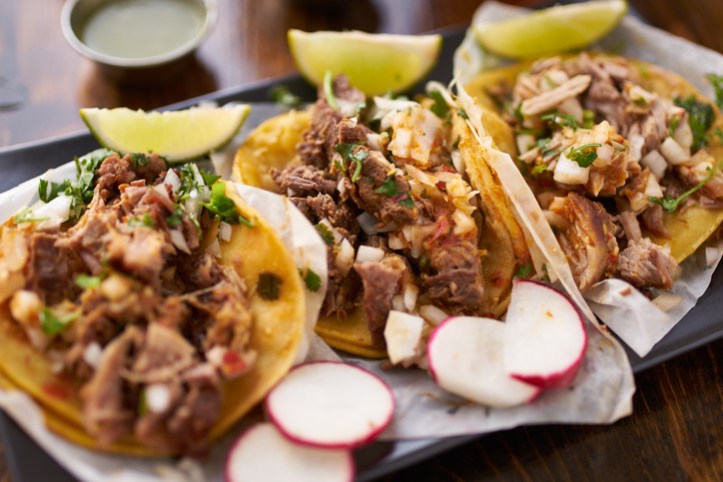 mexican street tacos with chicken, carnitas and barbacoa